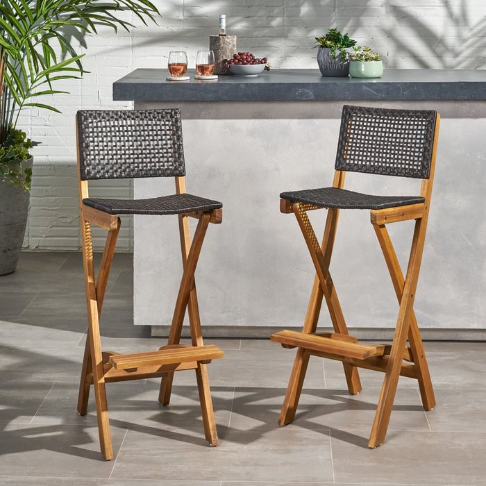 Outdoor Folding Acacia Wood Barstools With Rattan Backrest And Seat