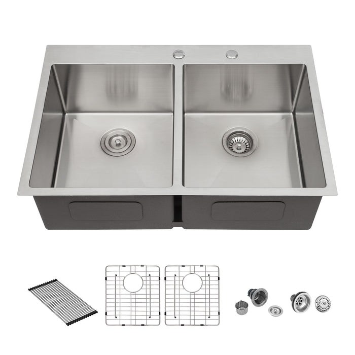 Modern Farmhouse Double Bowl Drop In Sink With 50 / 50 Split Design Stainless Steel - Brushed Nickel