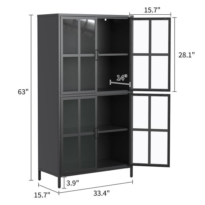 Premium Metal Storage Cabinet With Tempered Glass Doors, Adjustable Shelves, And Anti Tipping Device - Black