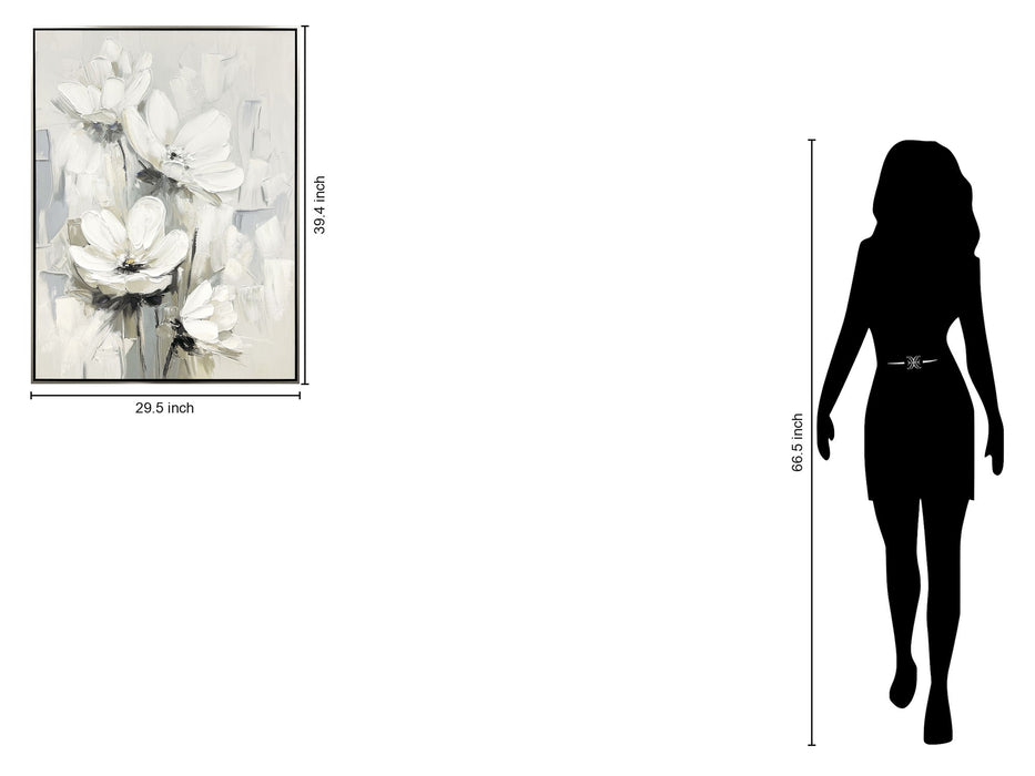 "Whispering Blooms I" Hand-Embellished Canvas In Frame - White / Gray / Black