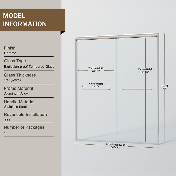 Double Sliding Shower Door, Semi-Frameless Bypass Bathroom Sliding Door With 1/4" (6 Mm) Tempered Glass For Walk-In Shower