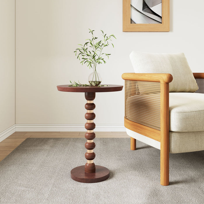 Modern Mango Wood Round End Table With Gold Accents, Solid Wood - Honey