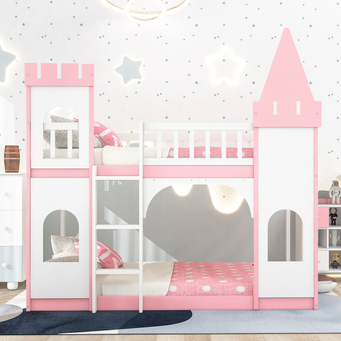 Twin Over Twin Castle Bunk Bed With Ladder - Pink