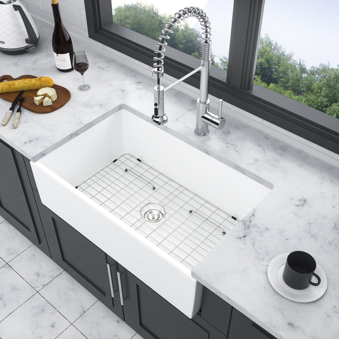 Ceramic Farmhouse Sink With Deep Basin And Stainless Steel Grid