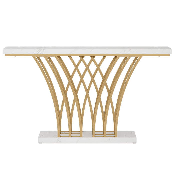Console Table With Grid Base For Living Hallway - White / Gold