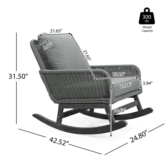 Modern 3 Piece Outdoor Seating Set With Cushioned Rattan Rocking Chairs And Wooden Accent Table