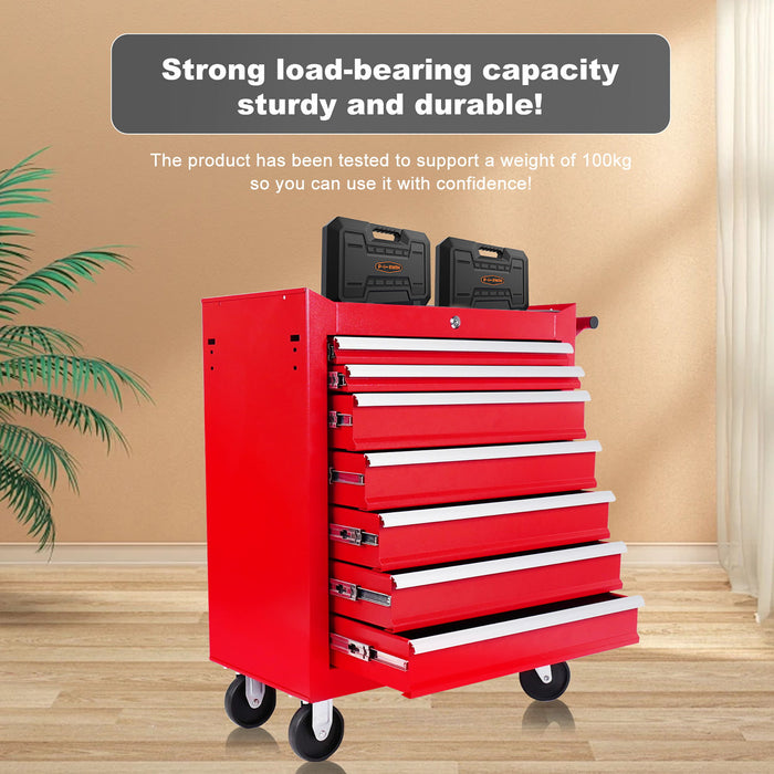 Red 7 Drawer Metal Rolling Tool Chest With Locking System And Wheels, Steel Construction - Red
