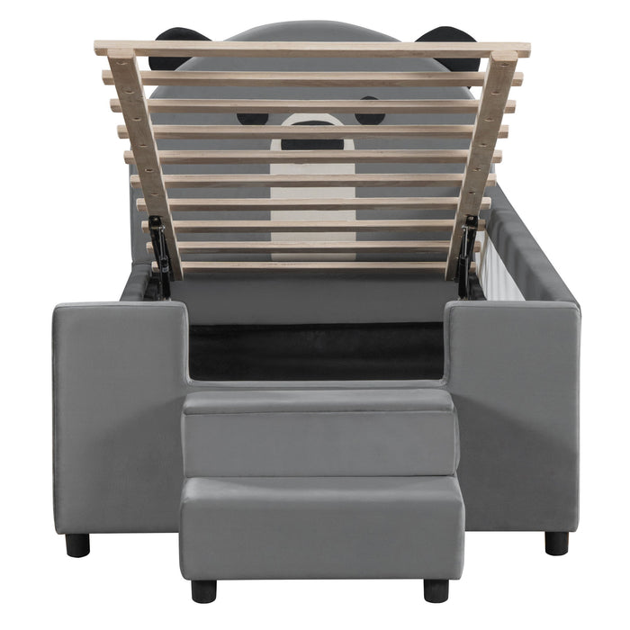 Upholstered Daybed With Bear Shaped Headboard, Hydraulic System And Breathable Mesh Fence