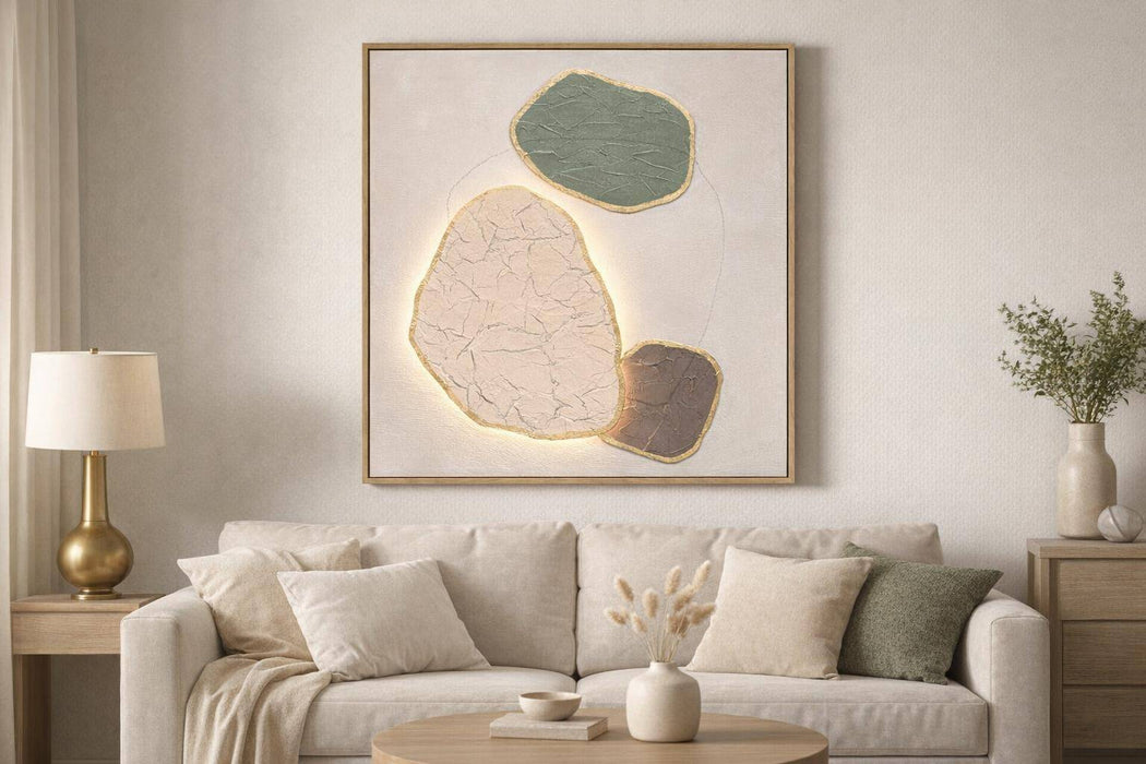 Earthen Forms I Hand-Painted LED Canvas In Frame - Ivory / Sage