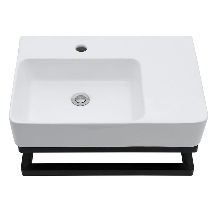 Wall Mounted Rectangular Bathroom Sink With Towel Bar And Faucet Hole - White