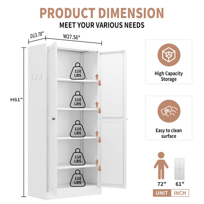 Kitchen Pantry Cabinet Adjustable Storage With 4 Shelves, Heavy Duty Freestanding Pantry Organizer - White