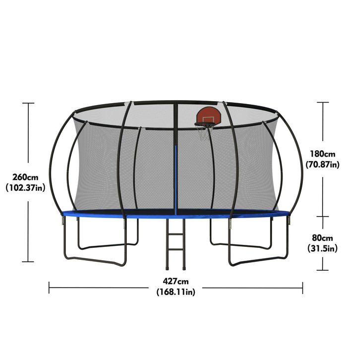 Pumpkin 14 Ft Outdoor Trampoline With Basketball Hoop Enclosure Net Ladder And Metal - Black / Blue