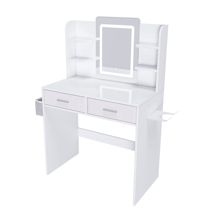 Elegant LED Mirror Vanity Dressing Table With Adjustable Lights, Drawers & Storage - White