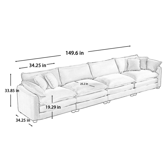 Modern Upholstered 4 Seater Corduroy Fabric Sofa With Arm And Throw Pillows
