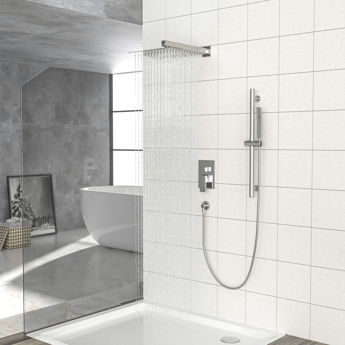Wall Mounted Shower System With Adjustable Slide Bar And Rough In Valve, 12" Square Design - Brushed Nickel