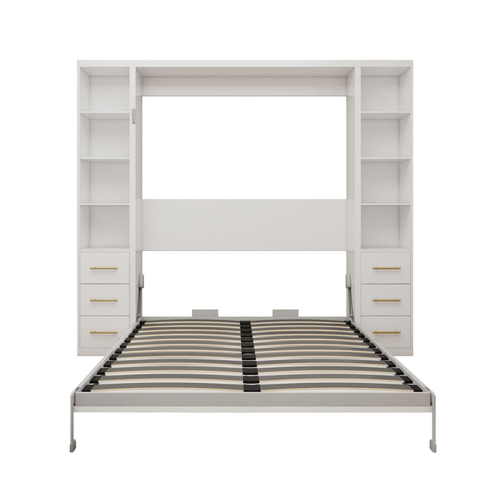 Queen Size Murphy Wall Bed With Side Storage Cabinets - White