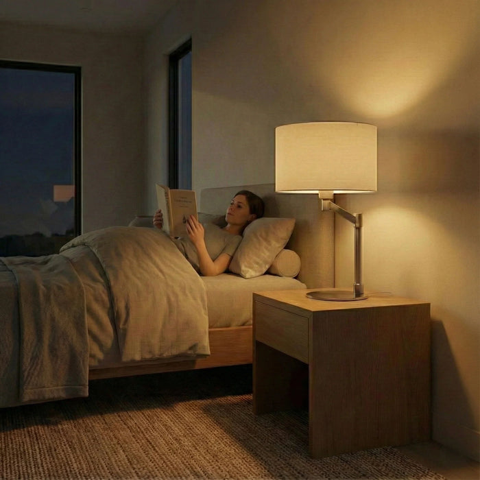 Horizon - Table Lamp With On / Off Switch Curved Base Linen Shade - Brushed Nickel / Silver / White