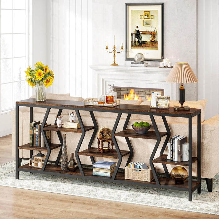 Tribesigns - Extra Long Narrow Sofa Console Table With 4 Tier Storage Shelves - Rustic Brown