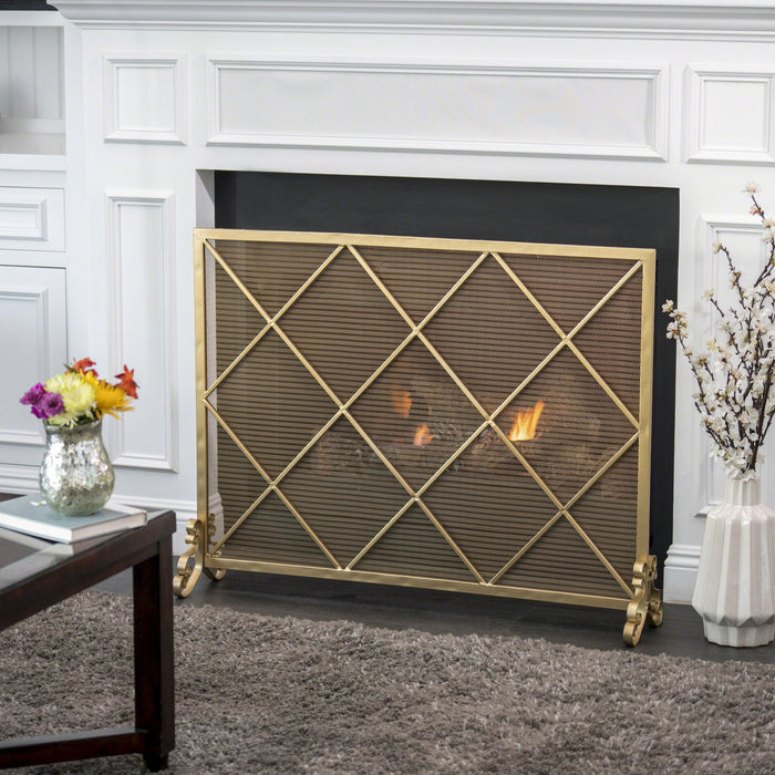 Minimalist Single Panel Iron Fireplace Screen With Diamond Design