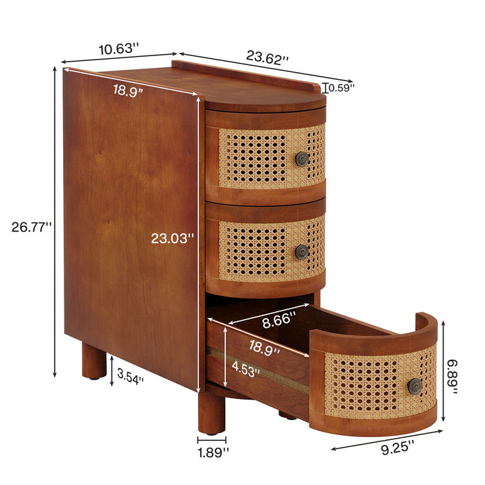 Narrow 3 Drawer End Table, Compact Nightstand For Living Room - Brown Oak