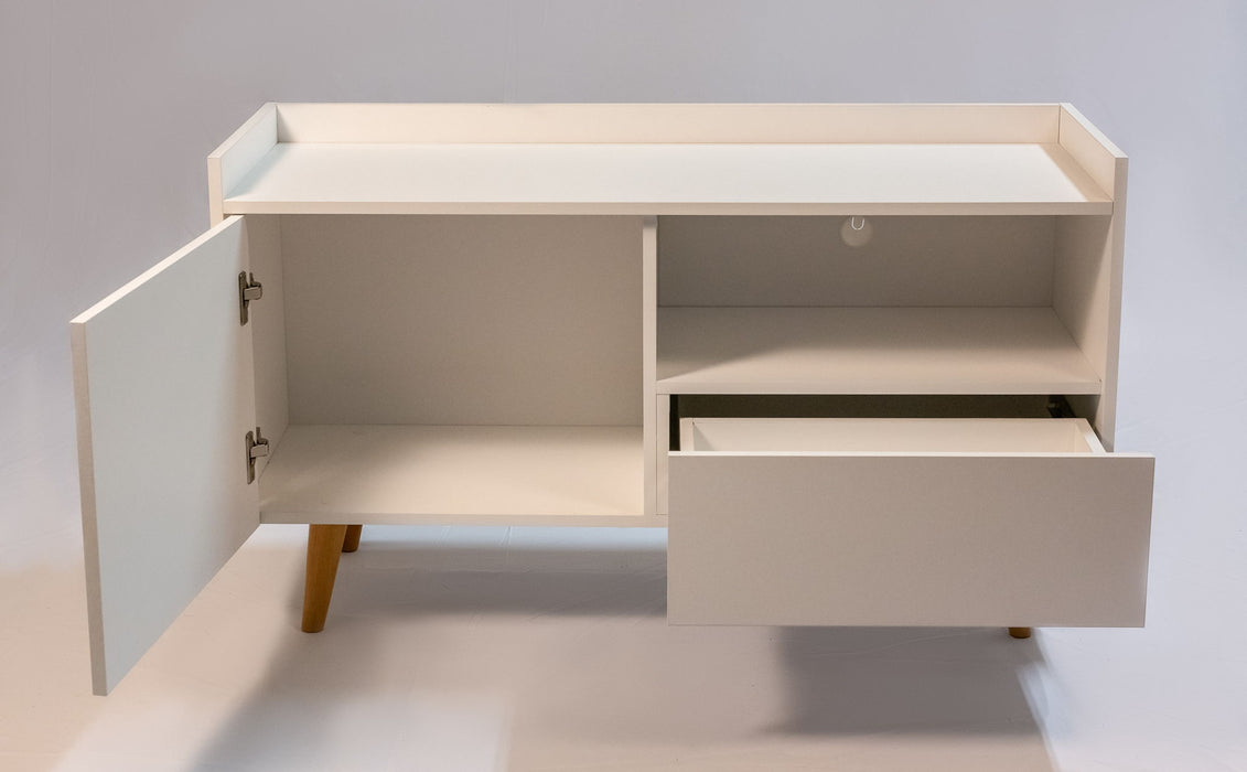 TV Stand For TVs Up To 45" With Open Storage Shelf, Cable Management, 1 Door And 1 Drawer