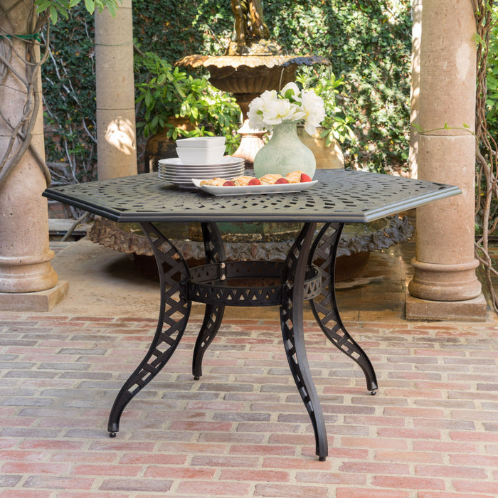 Outdoor Cast Aluminum Dining Table With Lattice Top And Umbrella Hole - Black