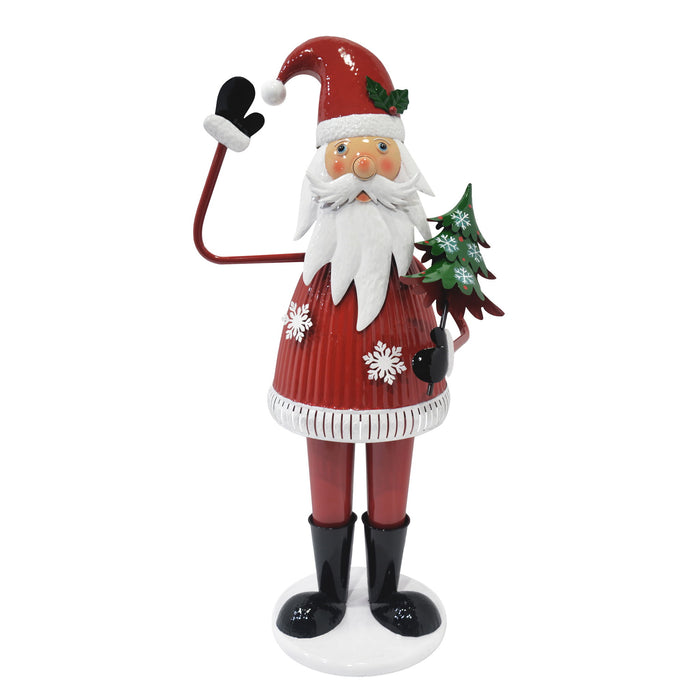 Cheerful Santa Claus Holding Tree And Waving, Holiday Decoration With Festive Design - Red