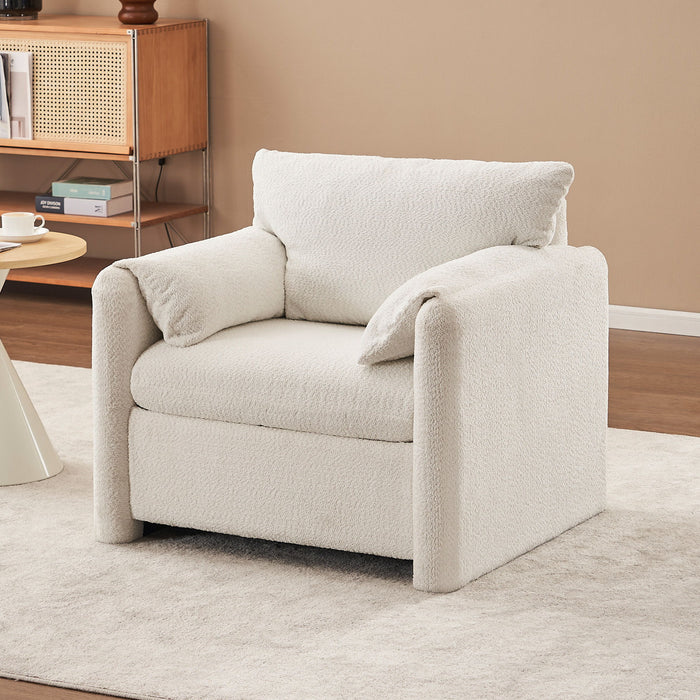 Fixed Modern Accent Chair Single Seater Plush Chenille Lounge Chair With High Resilience Cushion - Ivory White