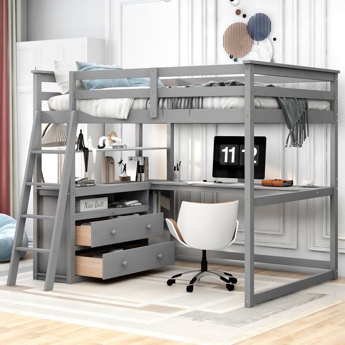 Modern Loft Bed With Built In Desk, Shelves, And 2 Drawers