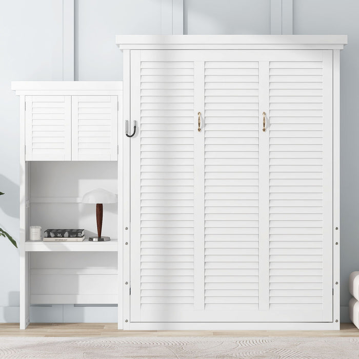 Queen Size Murphy Bed With Louvered Design And Multiple Storage Shelves - White
