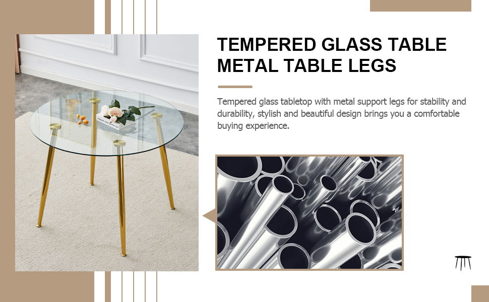 A Glass TableTop With A Diameter Of 40 Inches And A Modern Minimalist Circular Dining Table With Gold Plated Metal Legs.