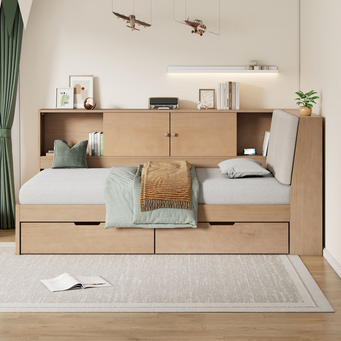 L-Shaped Daybed Corner Bed Under Bed Drawers With Storage Bookcase And Upholstered Headboard And USB Charging Ports