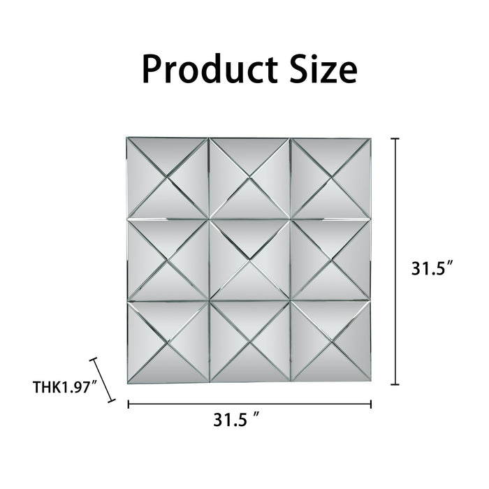 3D Beveled Wall Mirror With Frame, Large Square Design For Living Room - Silver