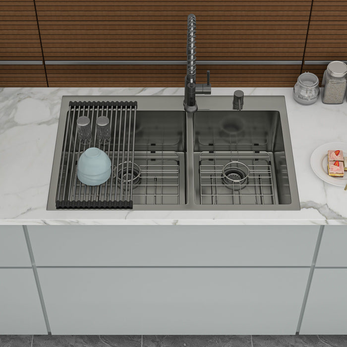 Double Bowl Kitchen Sink 16 Gauge 33" X 22" With 2 10" Deep Basins - Gunmetal Black