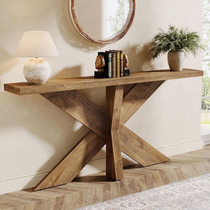 Long Console Table With Geometric Base - Oak