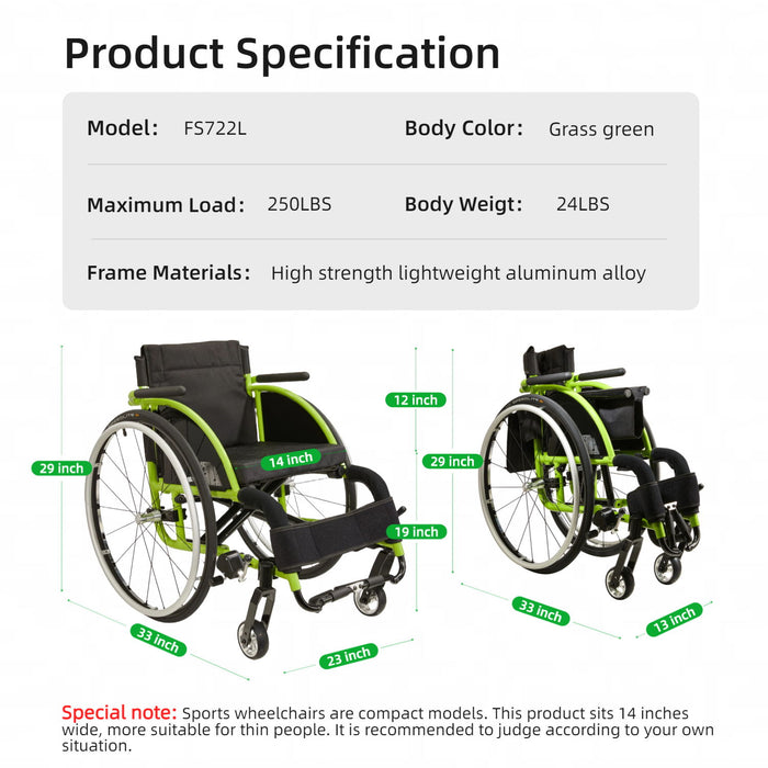 Premium Lightweight Foldable Sport Wheelchair All Body Sturdy & Comfortable 250Lbs Capacity Easy Folding 24" Sports Tires Perfect For Outdoor - Black / Green