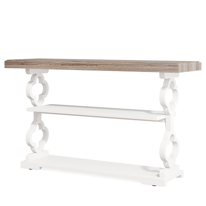 Console Sofa Table With 3 Shelves, Floral Carved Accent - Gray / White