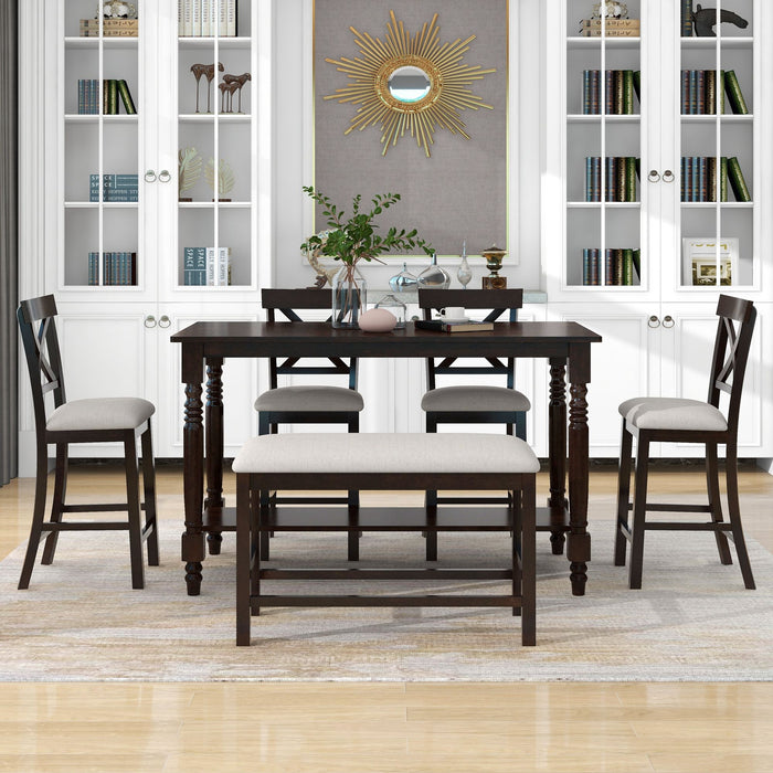 Counter Height Dining Set With Shelf, 4 Chairs And Bench