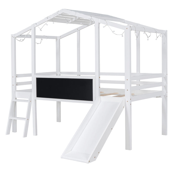 Loft House Bed With Ladder And Slide, With Blackboard And Light Strip On The Roof