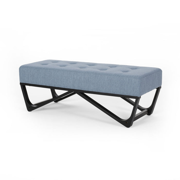 Upholstered Ottoman With Button Tufted Waffle Stitch And Black Geometric Legs - Light Blue