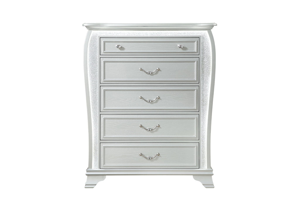 Aria - 5 Piece Queen Bedroom Set (Bed, Dresser & Mirror, Nightstand, Chest) - Silver
