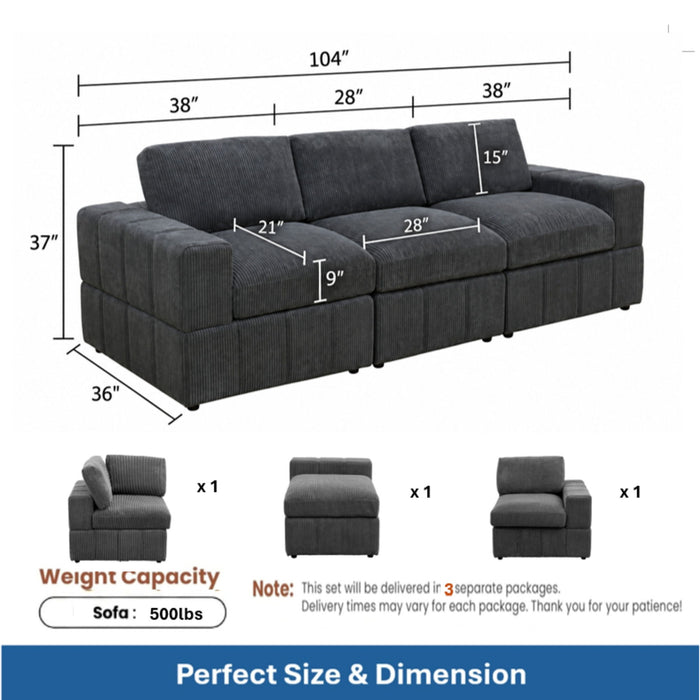 Oversized Modular Sectional Sofa 3 Piece Set For Living Room - Dark Gray