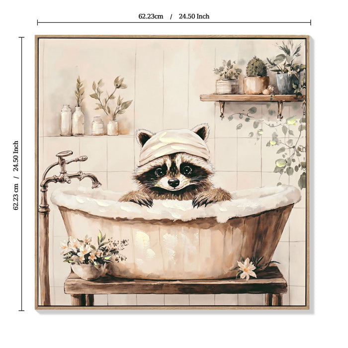 Raccoon Bathroom Canvas Wall Art, Funny Animal, Framed - Black / Ivory