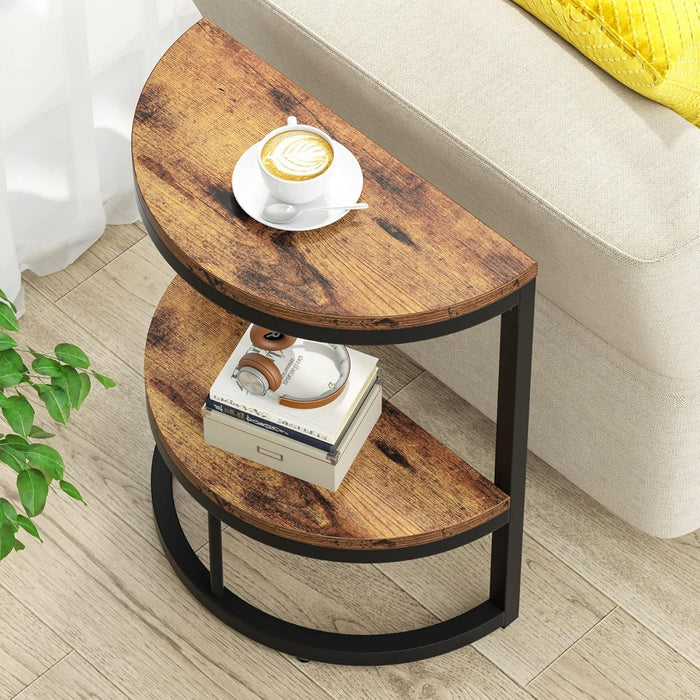 Slim Half Moon 2 Tier Semi Circle End Table, Wide Storage For Living - Rustic Brown