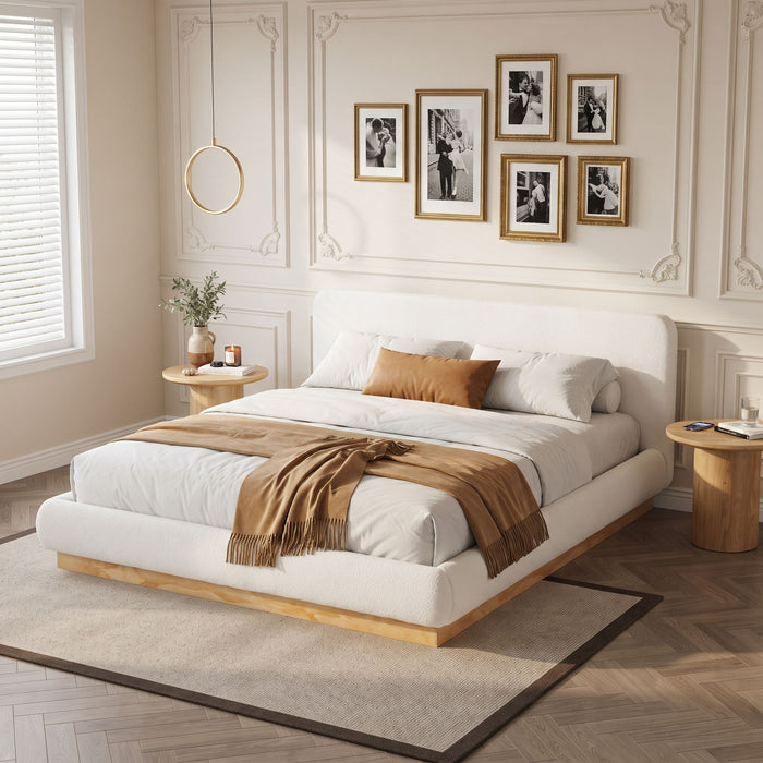Queen Size Upholstered Platform Bed Frame, No Box Spring Required - Natural / White