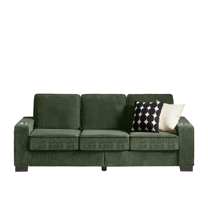 Modern Corduroy Fabric Sofa, 3 Seater Compressed Couch With Cup Holders