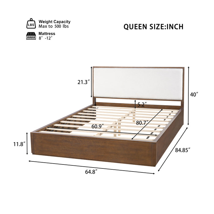 Queen Low Profile Design Bed With Upholstered Headboard - Beige / Walnut Brown