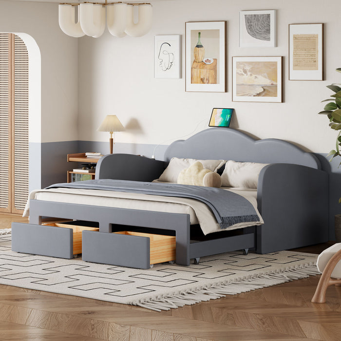 Upholstered Daybed With Cloud-Shaped Backrest, Trundle & 2 Drawers And USB Ports