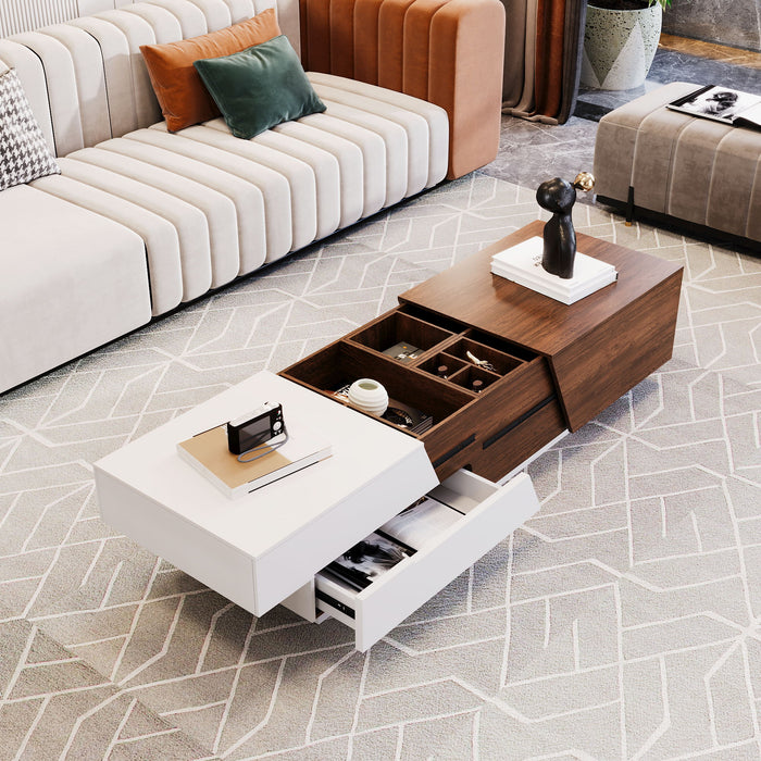 Extendable Sliding Top Coffee Table With Storage, Rectangle Shape - White / Walnut