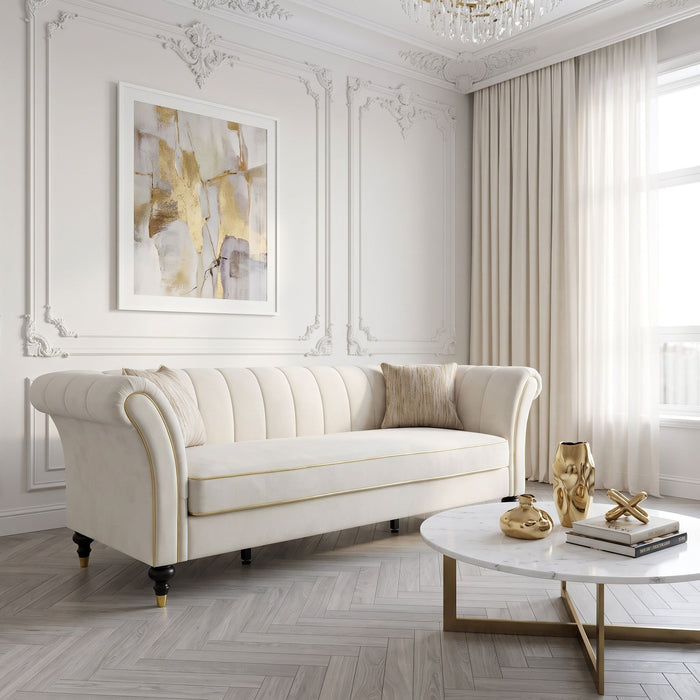 3 Seater Sofa With Rolled Arms, Vertical Channel Tufted Backrest